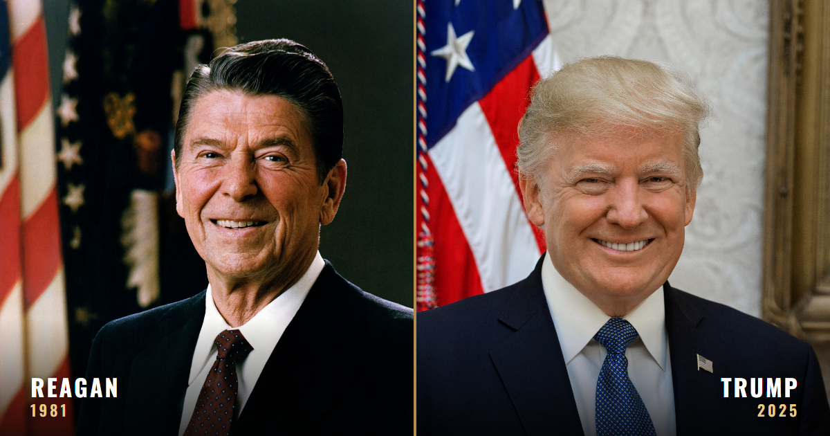 Presidents Ronald Reagan (1981) and Donald Trump, official portraits shown side by side.