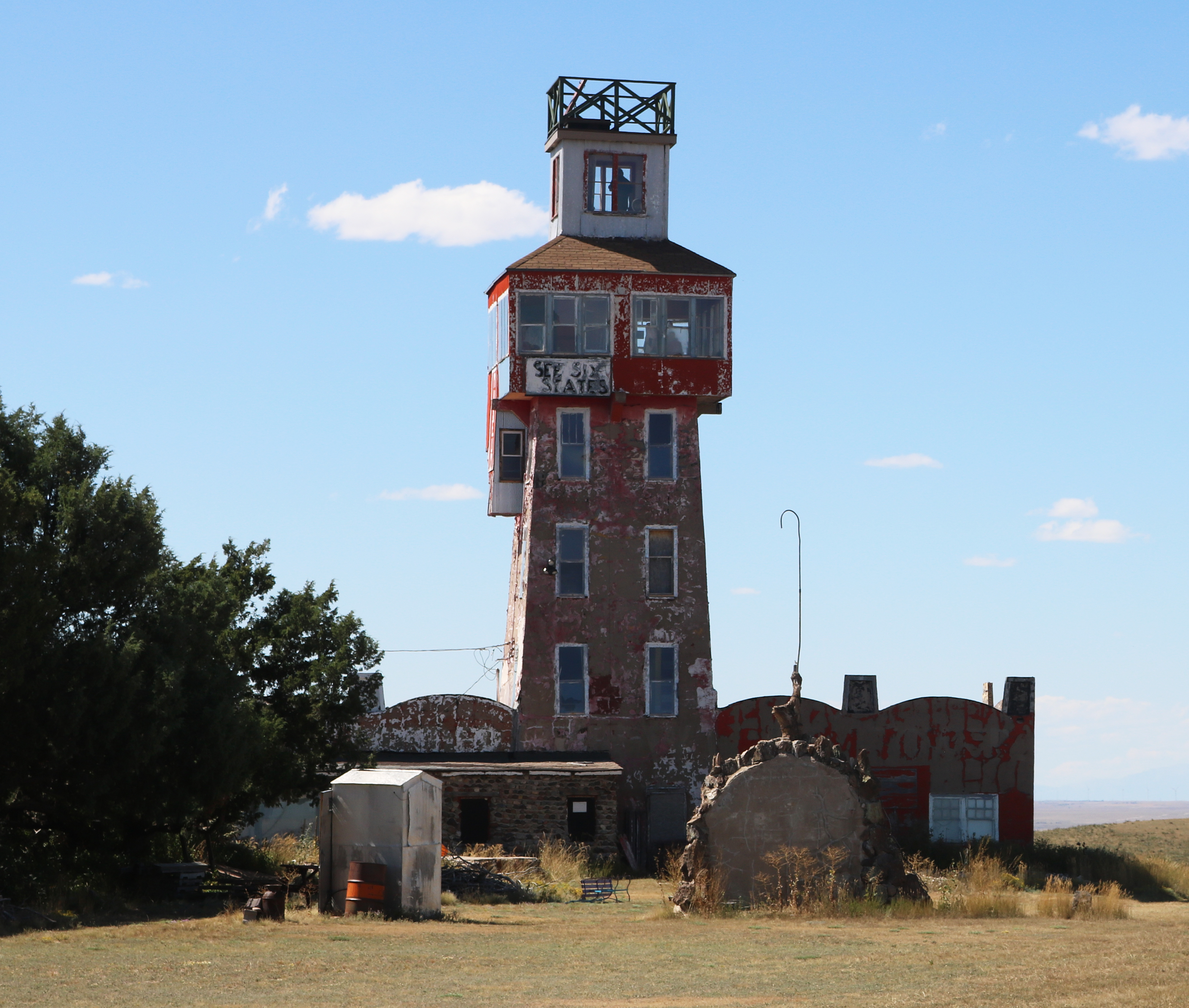Restored roadside tower rises above the eastern Colorado plains near Genoa