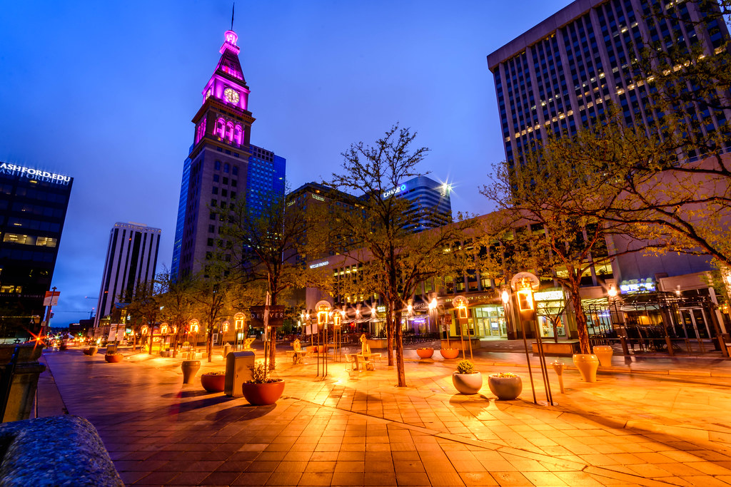 "16th Street Mall in Denver with the D&F Clock Tower" by Geoff Livingston is licensed under CC BY-SA 2.0.